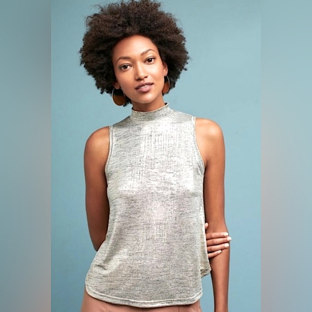NWT Anthropologie Postmark Mock Neck Metallic Shimmer Sleeveless Top - size XS